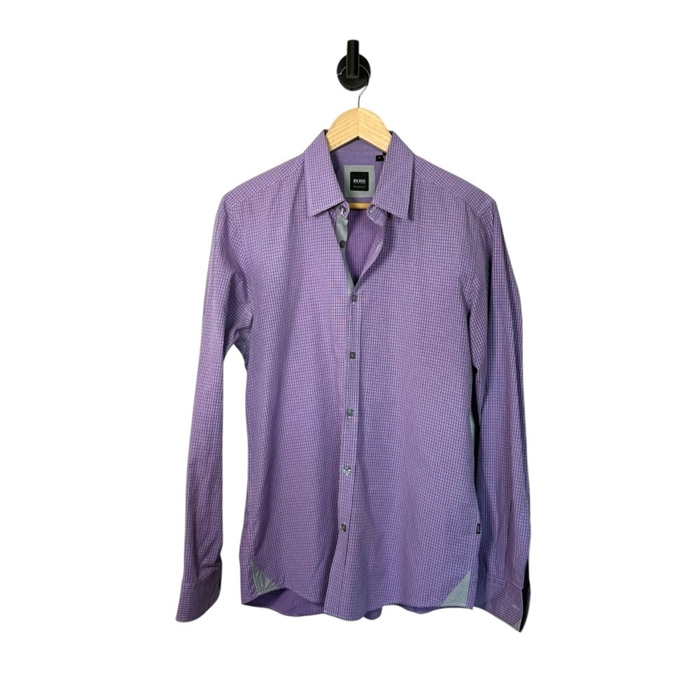 Hugo Boss Men’s Regular Fit Micro Plaid Button Down Shirt Purple Size M